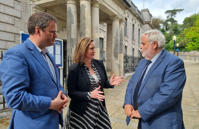 Kevin Foster MP, PCC Alison Hernandez and Torbay Council Leader Cllr Dave Thomas outside Torquay Town Hall.