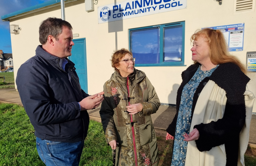 Kevin at Plainmoor pool with Sue and Anne who have fundraised and campaigned for this vital community asset.