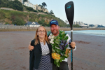 Cllr Hazel Foster welcoming Brendon Prince back to Torquay at the end of his epic journey